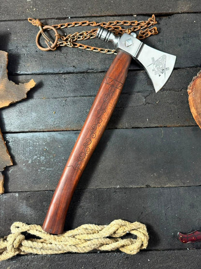 Hand-Forged Tomahawk Axe | Rose Wood Handle Custom Engraving Steel Blade with Pocket Knife & Wooden Box