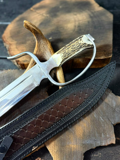 Handmade Bowie Hunting Knife with Antler Handle & Leather Belt Sheath – Stainless Steel Fixed Blade Survival Knife