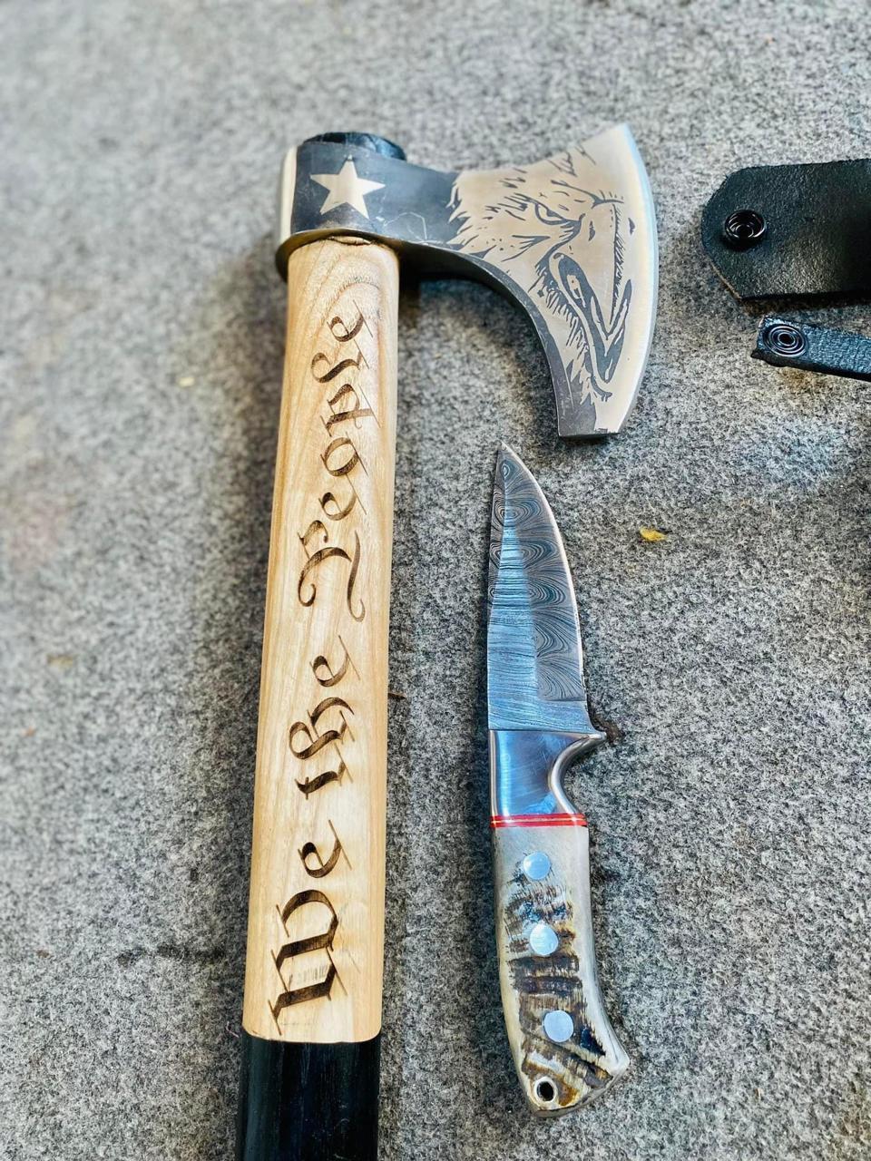 Personalized Camping Axe & Damascus Skinning Knife Gift Set with Leather Belt Sheath | Handmade Survival Hatchet