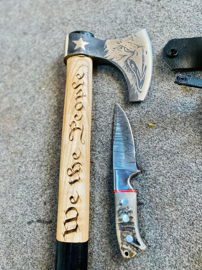 Personalized Camping Axe & Damascus Skinning Knife Gift Set with Leather Belt Sheath | Handmade Survival Hatchet
