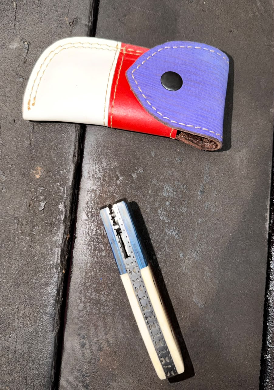 Handmade Texas Flag Folding Pocket Knife with Leather Sheath | Custom EDC Pocket Knife | Hammered Steel Blade | Compact Hunting & Camping Knife Gift for Men