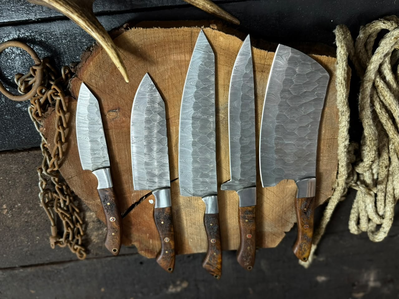 5-Piece Handmade Damascus Kitchen Knife Set – Chef Knife, Cleaver, Santoku & Utility Knives with Exotic Wood Handles | Professional Cooking Knife Collection