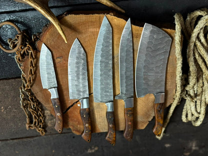 5-Piece Handmade Damascus Kitchen Knife Set – Chef Knife, Cleaver, Santoku & Utility Knives with Exotic Wood Handles | Professional Cooking Knife Collection