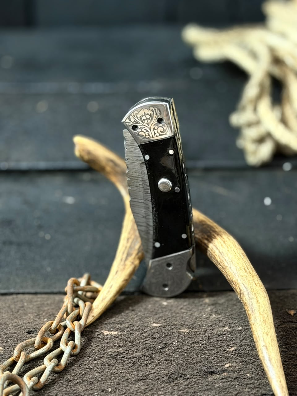 Handmade Damascus Steel Folding Pocket Knife with Engraved Bolsters & Premium Black Handle – Custom EDC Pocket Knife