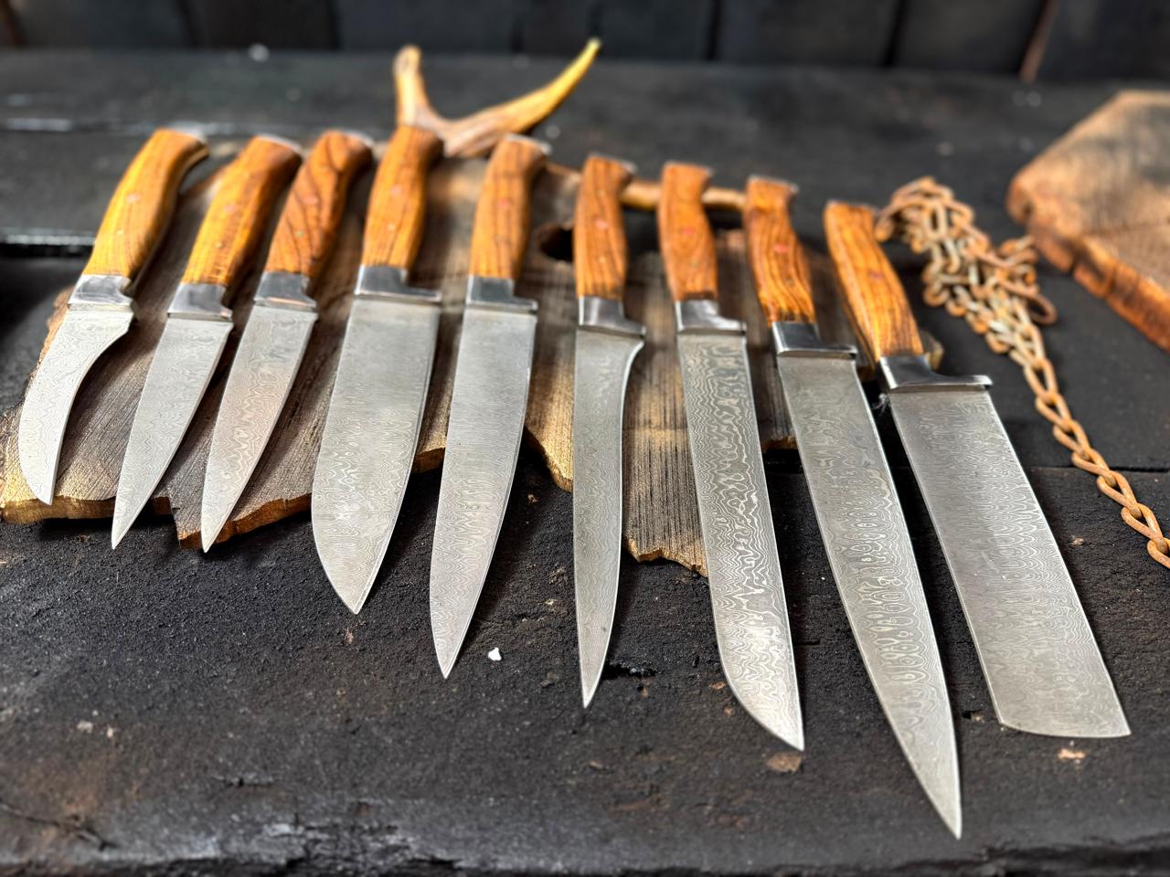 Set of knives with wooden handles on a dark surface