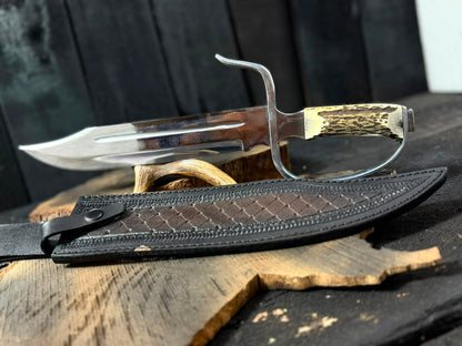 Handmade Bowie Hunting Knife with Antler Handle & Leather Belt Sheath – Stainless Steel Fixed Blade Survival Knife