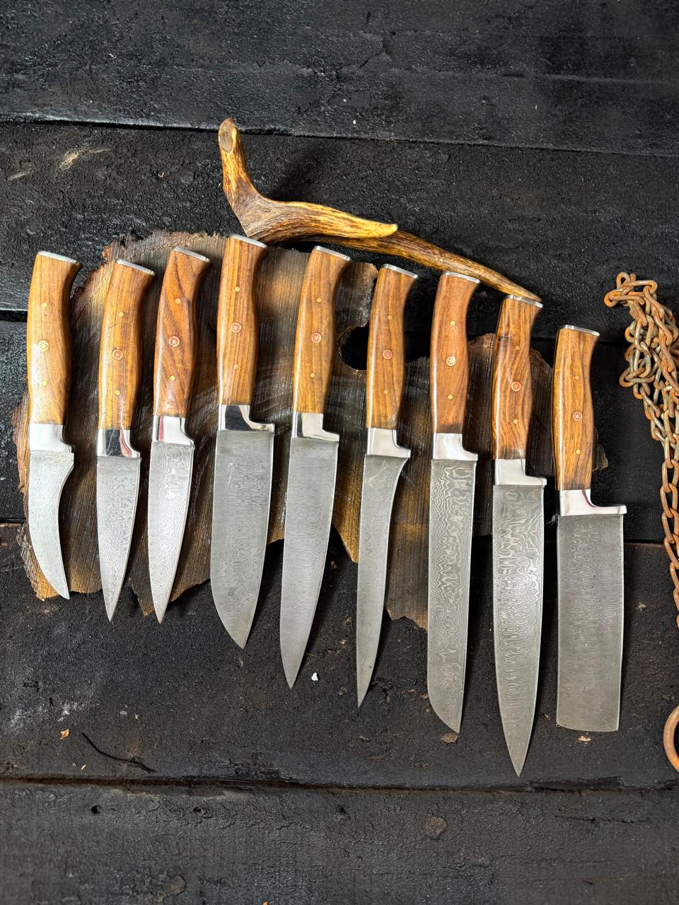 Set of knives with wooden handles on a dark surface