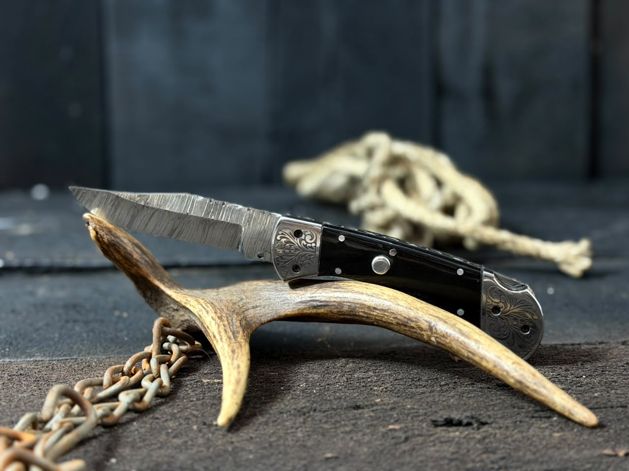 Handmade Damascus Steel Folding Pocket Knife with Engraved Bolsters & Premium Black Handle – Custom EDC Pocket Knife
