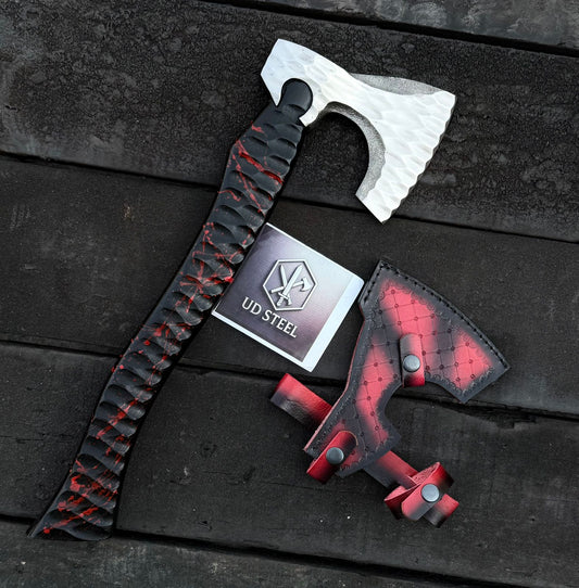 Hand Forged Viking Bearded Axe – Custom Tactical Hatchet with Leather Sheath
