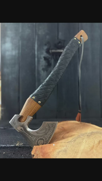 Hand Forged Viking Throwing Axe – Engraved Norse Bearded Hatchet with Wrapped Wooden Handle