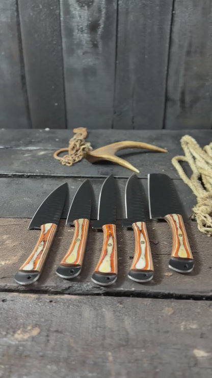 5- Pieces Hand Forged Black Blades Kitchen Knife Set, Handmade Full Tang Wood Sheet Handle Knife Set For Her With Leather Roll Kit