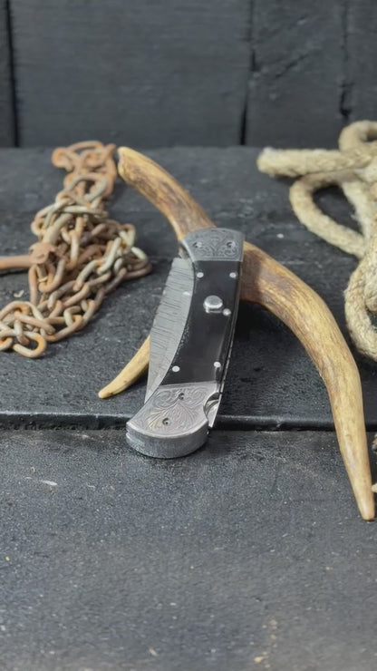 Handmade Damascus Steel Folding Pocket Knife with Engraved Bolsters & Premium Black Handle – Custom EDC Pocket Knife