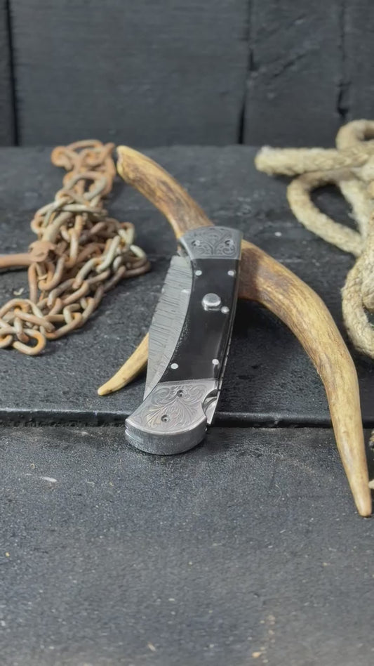 Handmade Damascus Steel Folding Pocket Knife with Engraved Bolsters & Premium Black Handle – Custom EDC Pocket Knife