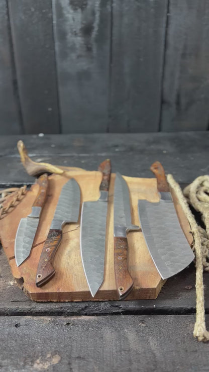 5-Piece Handmade Damascus Kitchen Knife Set – Chef Knife, Cleaver, Santoku & Utility Knives with Exotic Wood Handles | Professional Cooking Knife Collection