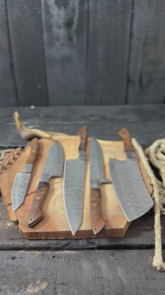 5-Piece Handmade Damascus Kitchen Knife Set – Chef Knife, Cleaver, Santoku & Utility Knives with Exotic Wood Handles | Professional Cooking Knife Collection
